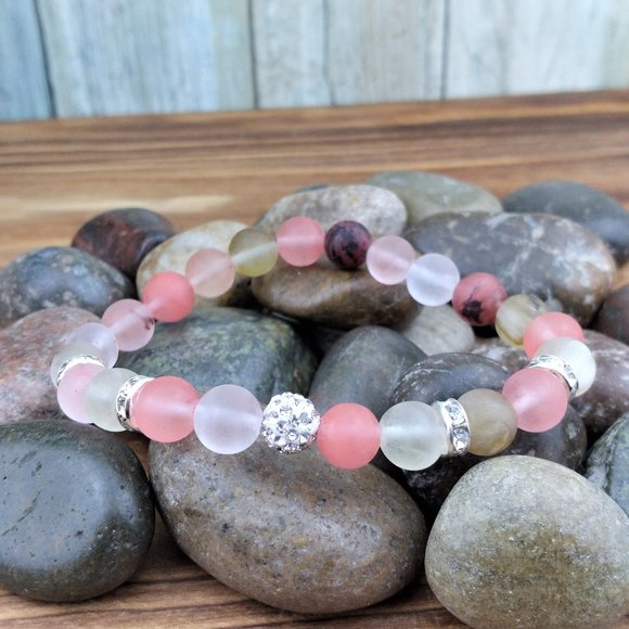 Jewelry - Cherry Quartz and Rhinestone Ball Beaded Stretch Bracelet